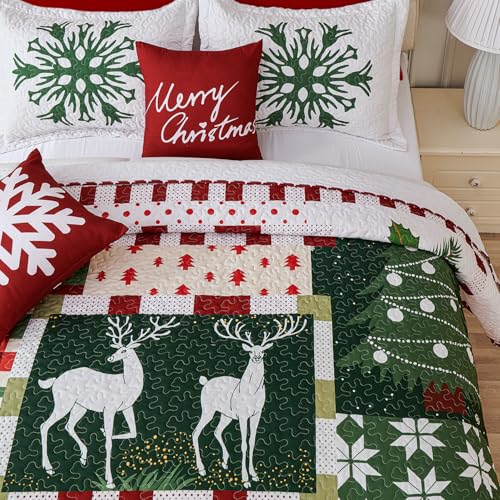 King Size 5-Piece Christmas Quilt Set Reversible Santa Reindeer Snowflake Bedding
