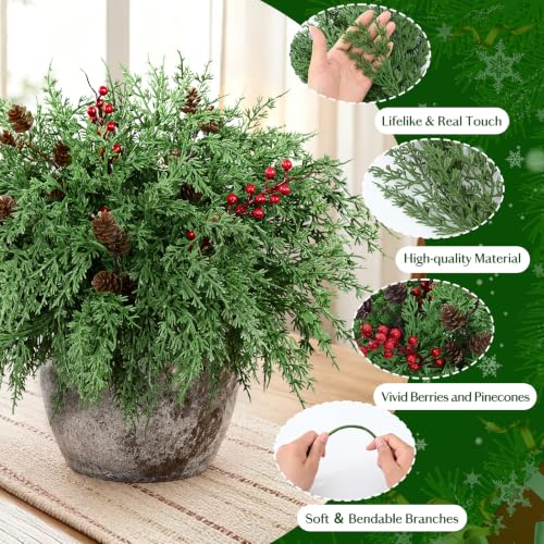 18Pcs Cedar Pine Stems with Berries & Pinecones – Norfolk Pine Christmas Picks (14 stems, 2 berries, 2 cones) by Dolicer