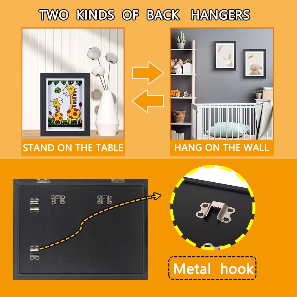 Hogaryo 2Pcs Kids Art Frames Front Opening 8.5x11 Kids Artwork Frames Changeable with Mat & Display 10x12.5 Pictures Without Mat, Kids Drawings Storage Frame with Transparent Strap(Black)