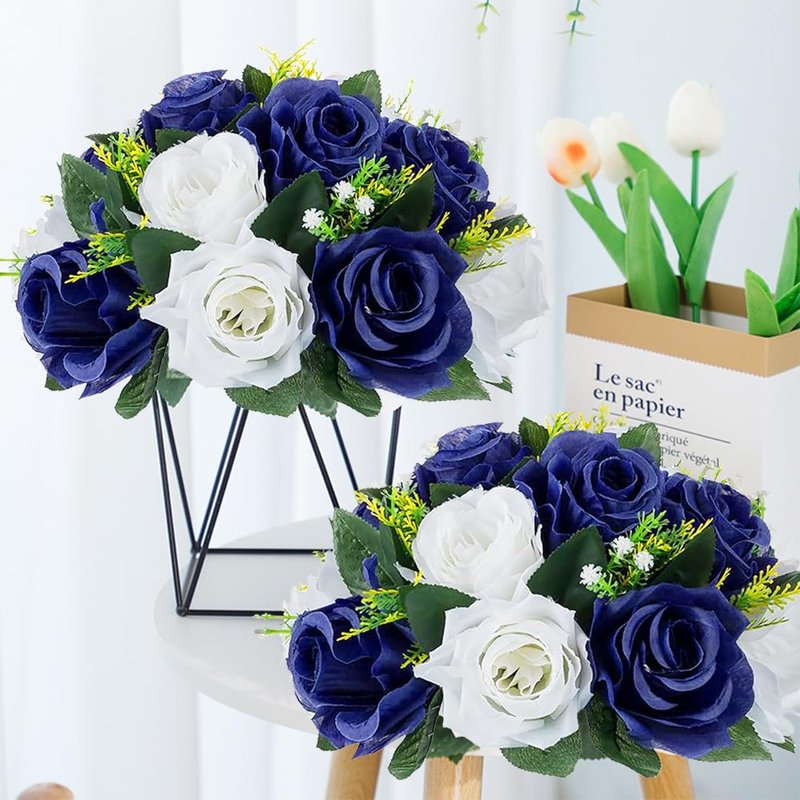 QUTUNI 10Pcs Fake Flower Ball Arrangement Bouquet, 9.5" 15 Heads Plastic Roses with Base,Suitable for Parties Valentine's Day Wedding Centerpiece Flower Rack and Home Décor (Navy Blue & White)