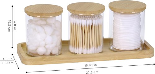 INIUNIK Qtip Holder - 3 Pack Glass Apothecary Jars with Lids | Stylish Bathroom Organizers for Cotton Balls, Swabs, and More