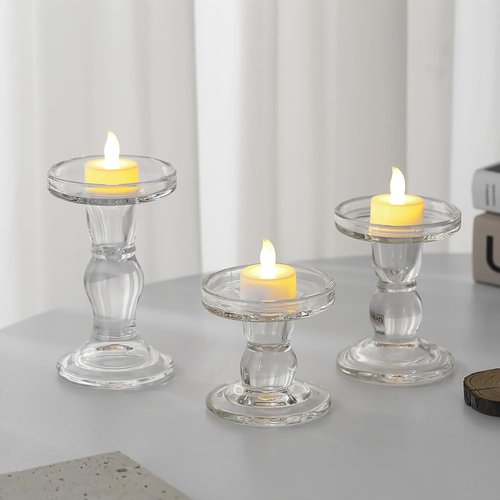 Crystal Clear Glass Candle Holders by [Brand Name] - Elegant 3-Piece Set for Pillar, Taper & Tea Light Candles