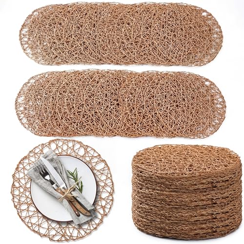 Threehoney Paper Braided Round Placemats Set of 24 - Brown, 13 in (33 cm)