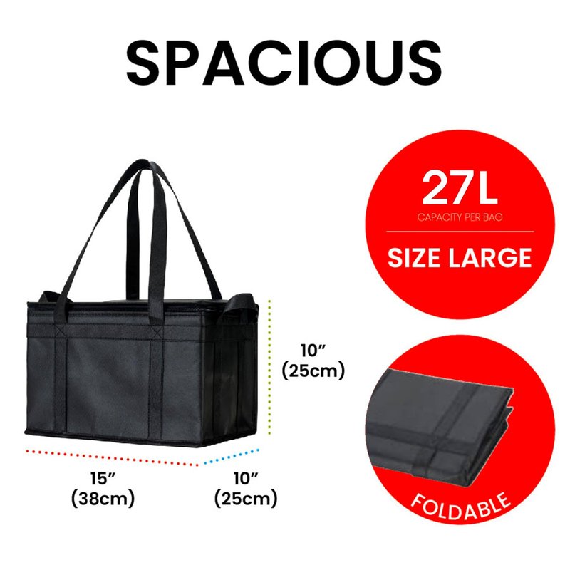NZ home Insulated Bags for Food Delivery (Large) Grocery Shopping Cooler Bag, Pizza Delivery, Hot & Cold Catering Tote, Reusable, Foldable & Heavy Duty (2 Pack, Black)