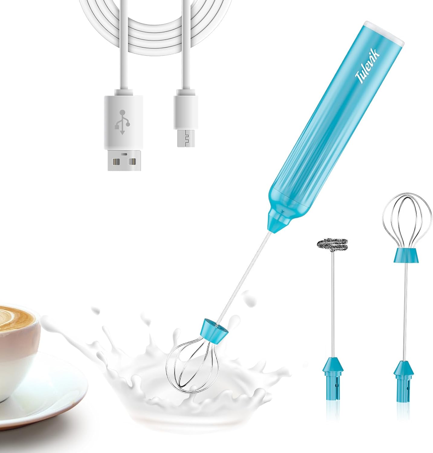 Skiennix Handheld Milk Frother - Electric Whisk with 3 Speeds & USB Rechargeable | Mini Frother for Coffee, Latte, Cappuccino - Blue