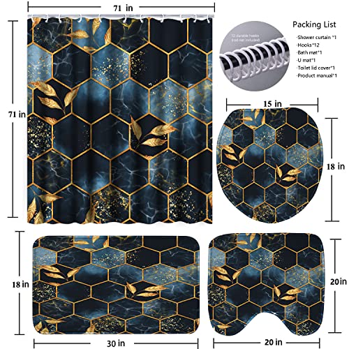4-Piece Honeycomb Marble Shower Curtain Set with Non-Slip Bath Mat Rugs