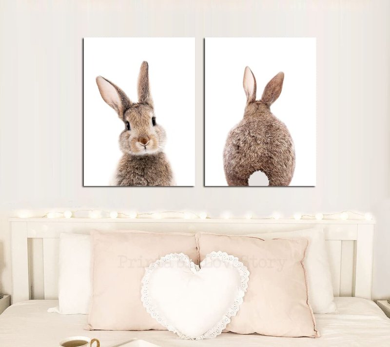 Mokihidream Nursery Wall Art Bunny Rabbit Canvas Print Wall Decor Woodland Animal Posters Kids Room Set of 2 Bedroom Decoration Bunny Rabbit Pictures Framed Wall Art