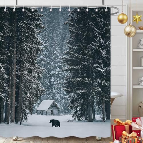 Yellawn Winter Snow Forest Bear Shower Curtain 72x72 in, Waterproof Polyester, Black Forest Pattern