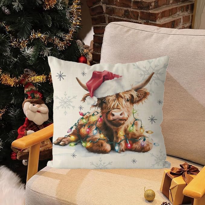 GAGEC Christmas Pillow Covers 18x18 Highland Cow Decor Throw Pillow Case