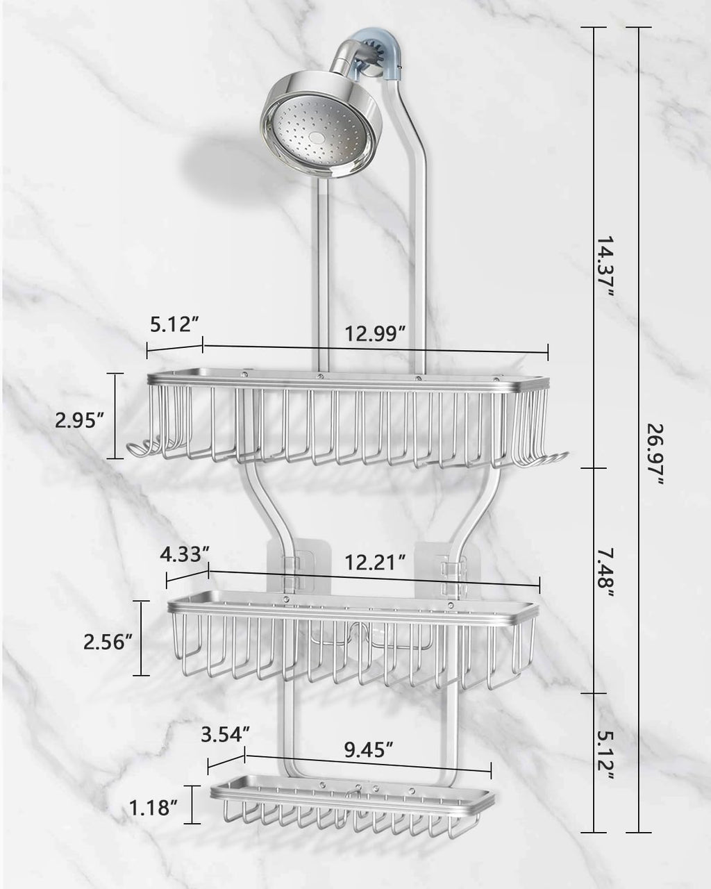 Regine Switzerland Shower Caddy - Rustproof Aluminum Overhead Organizer with 6 Hooks for Razors & Sponges | Silver