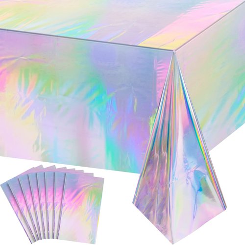 8 Pack Iridescence Plastic Tablecloths Shiny Disposable Laser Rectangle Table Covers Holographic Foil Tablecloth Iridescent Party Decoration Birthday Bridal Wedding Christmas 54" x 108"(Laser)