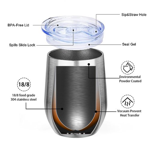 MEZMUT 12oz Insulated Wine Tumbler with Lid Double Wall Vacuum Stainless Steel Wine Glass Coffee Mug Insulated Tumbler Cup for Champaign, Cocktail, Beer (Silver,4 Pack)