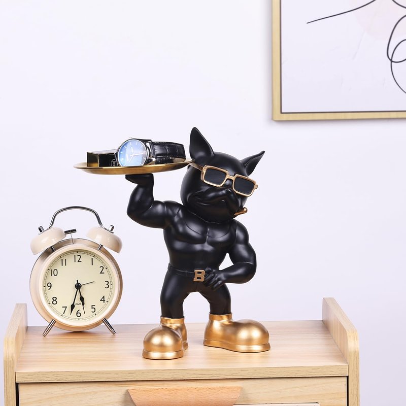 YUNSHID 13in Resin Muscle French Bulldog Statue with 2 Trays, Multi-Functional Bulldog Storage for Key Candy Jewelry, Black Dog Statue for Modern Home Decor