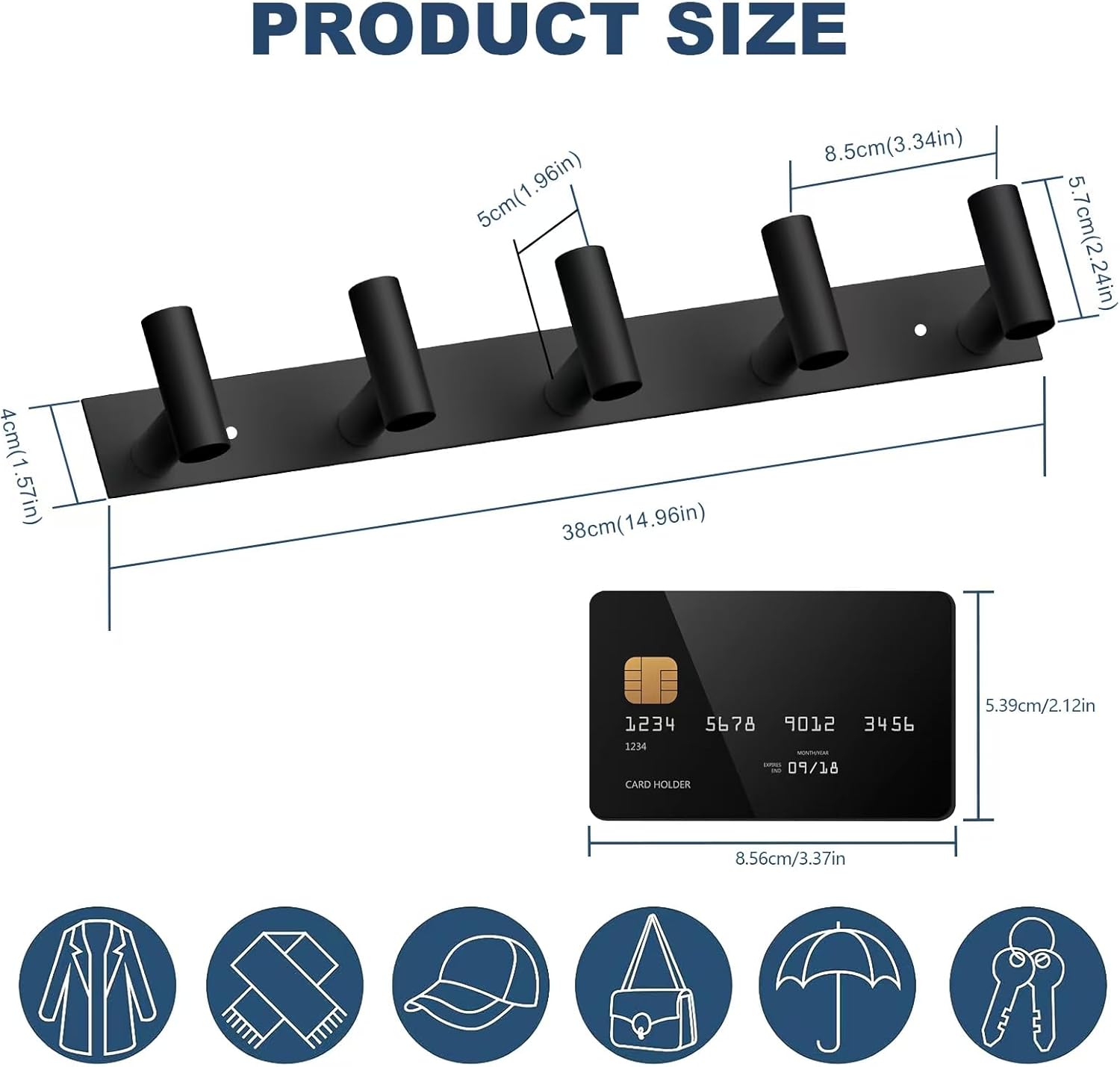VAEHOLD Wall Mount Rack - Black Hat and Coat Organizer with 5 Hooks for Robes, Bags, Keys, Towels