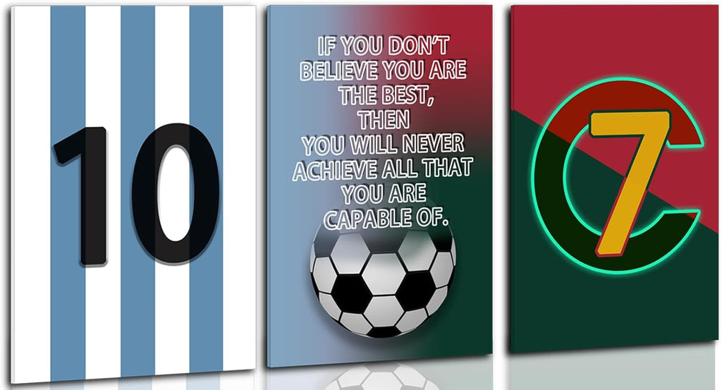 Pormipone Football Wall Art - 3 Pcs Soccer Canvas Posters for Boys Room | 16x24 in Inspirational Decor
