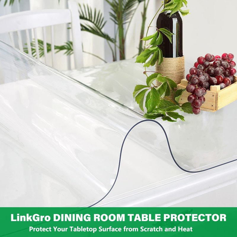 LinkGro Clear Plastic Table Cover Countertop Protector Transparent Tablecloth Heavy Duty Clear Plastic Tablecloth Wood Dining Table Cover Rectangle PVC Table Pad Protector 36X78 Inch 1.5mm Thick