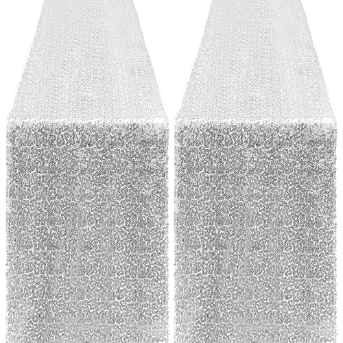 Yblut Silver Sequin Table Runner Set, 2 Pack 12x72 Inches for Weddings & Parties