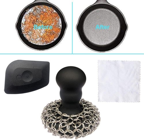 316 Chainmail Scrubber - Ergonomic Cast Iron Cleaner with Silicone Handle | Dishwasher Safe, Black