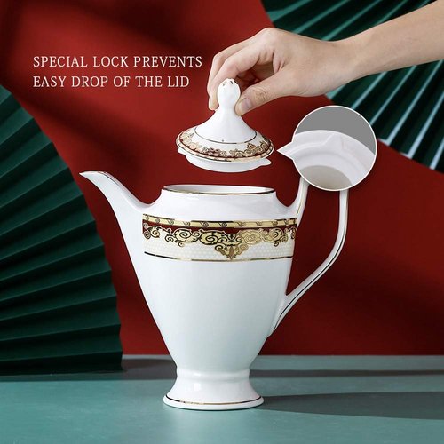 Porlien Exquisite Bone China 17-piece Tea Set for 6, Porcelain Tea Set with Teapot, Red Pattern Trimmed with Gold