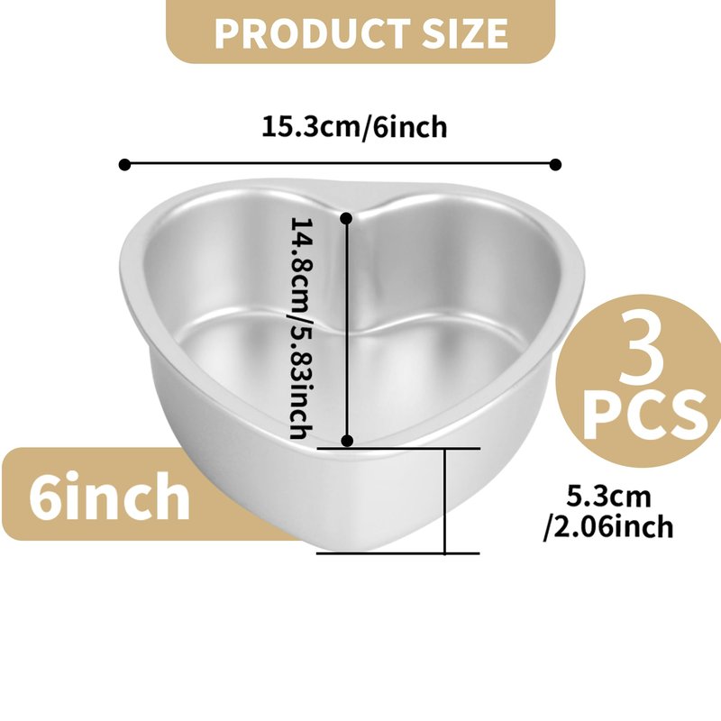 KEJJNYER 3 Pack 6 Inch Heart Shaped Cake Pans with Fixed Bottom, Aluminum Heart Baking Pan, Hearts Cake Mold for Wedding, Party