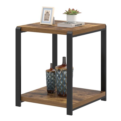 EXCEFUR End Table with Storage Shelf, Modern Side Table for Living Room, Wood and Metal Bedside Table Nightstand, Rustic Brown