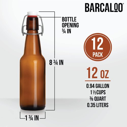 Barcaloo 12oz Flip Top Amber Glass Beer Bottles for Home Brewing - Set of 12 with Flip Caps for Beer and Wine Bottling - Family Owned American Business