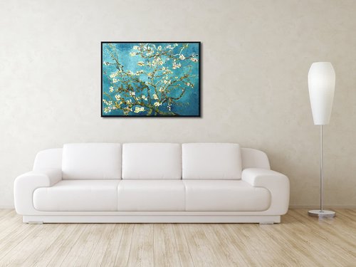 Pyradecor Large Black Framed Canvas Wall Art Almond Blossom Famous Oil Paintings Reproduction Canvas Prints by Van Gogh for Home Office Decorations