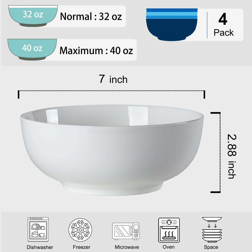 Dyware 40 oz Large Soup Bowl, Pho Bowls, 7-Inch Off-White Porcelain Bowls Set of 4