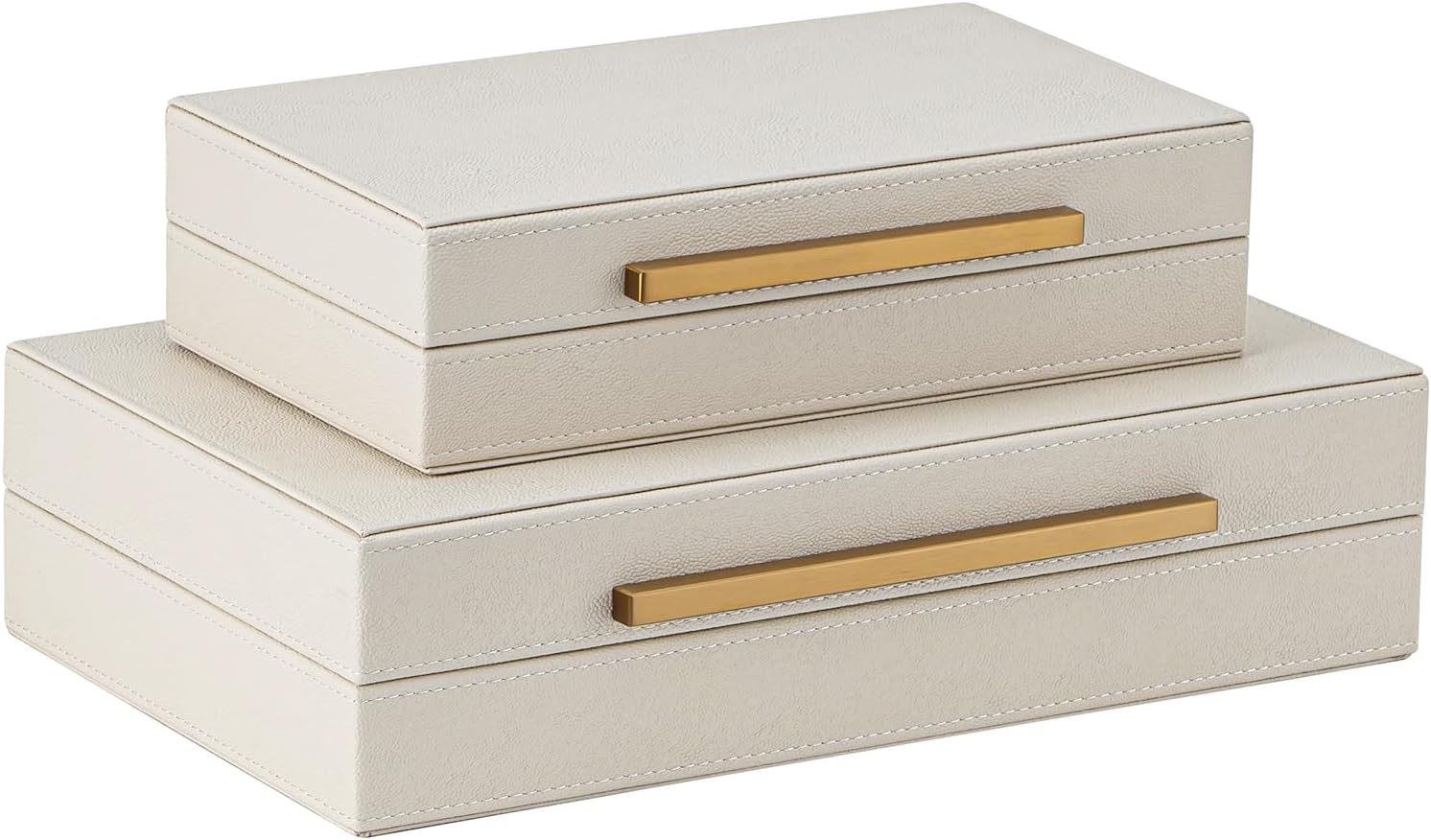 XIGEXIGE Faux Leather Jewelry Box - Large Stackable Organizer Set of 2 in Beige Shagreen with Gold Handles