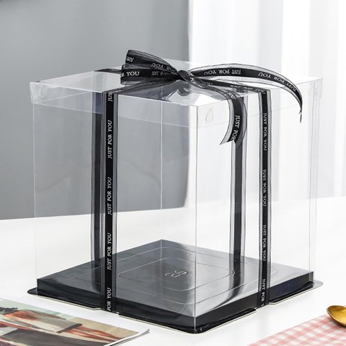 Zentriqlla 6 Pack Clear Cake Box with Ribbon, Tall Cake Carrier for 2-Layer Cake Holder, 10x10x9 inches Transparent Gift Boxes for Pastries with Lid and Black Board, Display Wedding Gift Packaging