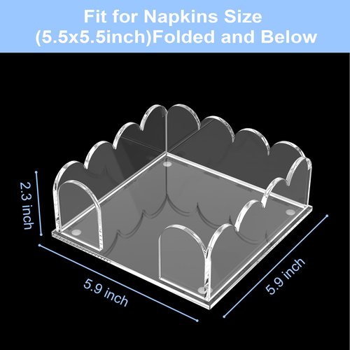 YAGELI Acrylic Napkin Holder for Cocktails – Clear Scalloped Tray and Dispenser for Kitchen, Dining, Bar – Organizes Flat Paper Towels & Disposable Napkins for Weddings, Home, Hotel（5.9x5.9in)