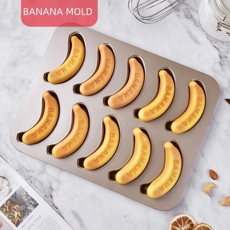 BSDLZCH 10 Cavity Banana Shape Cake Pan, Carbon Steel Banana Baking Pan Non-Stick Banana Cake Mold Set Funny Fruit Shape Baking Mold Dessert DIY Decoration for Kitchen and Bakery