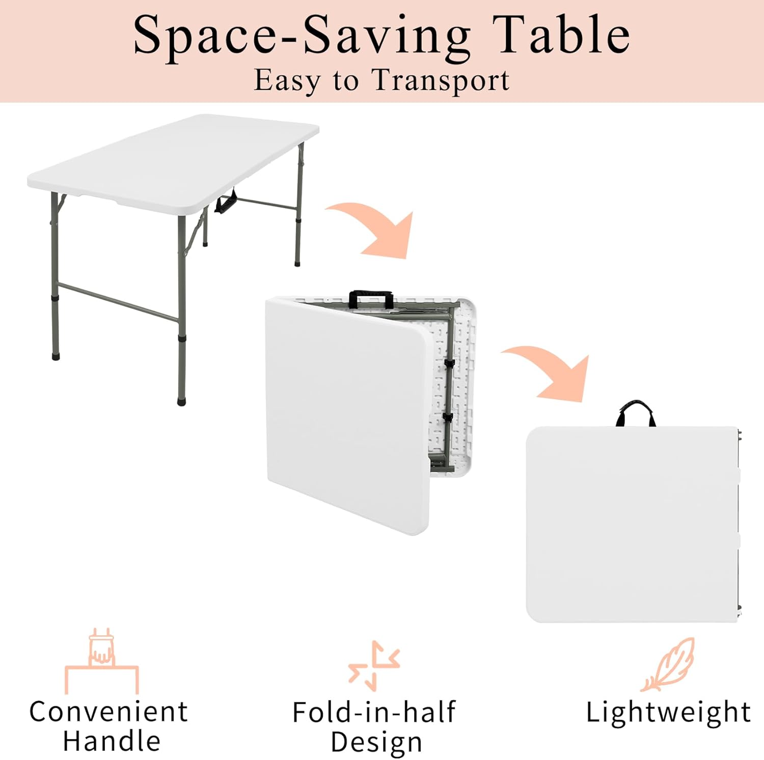 Skiennix Folding Table - Lightweight Portable Rectangular Design with Carrying Handle | 4 FT, White for Indoor/Outdoor Use