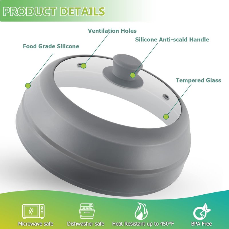 Microwave Splatter Cover for Food,10.5 Inch Collapsible Silicone and Glass Cover Splatter Guard Lid, Microwave Cover with Steam Vent,Food Grade,Dishwasher Safe