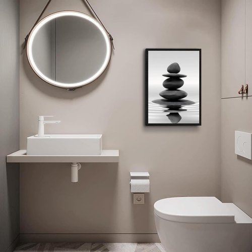 DCMVJHZV Framed Black and White Bathroom Wall Art - Zen Stones Meditation Print (12"x16") for Spa & Living Room Decor