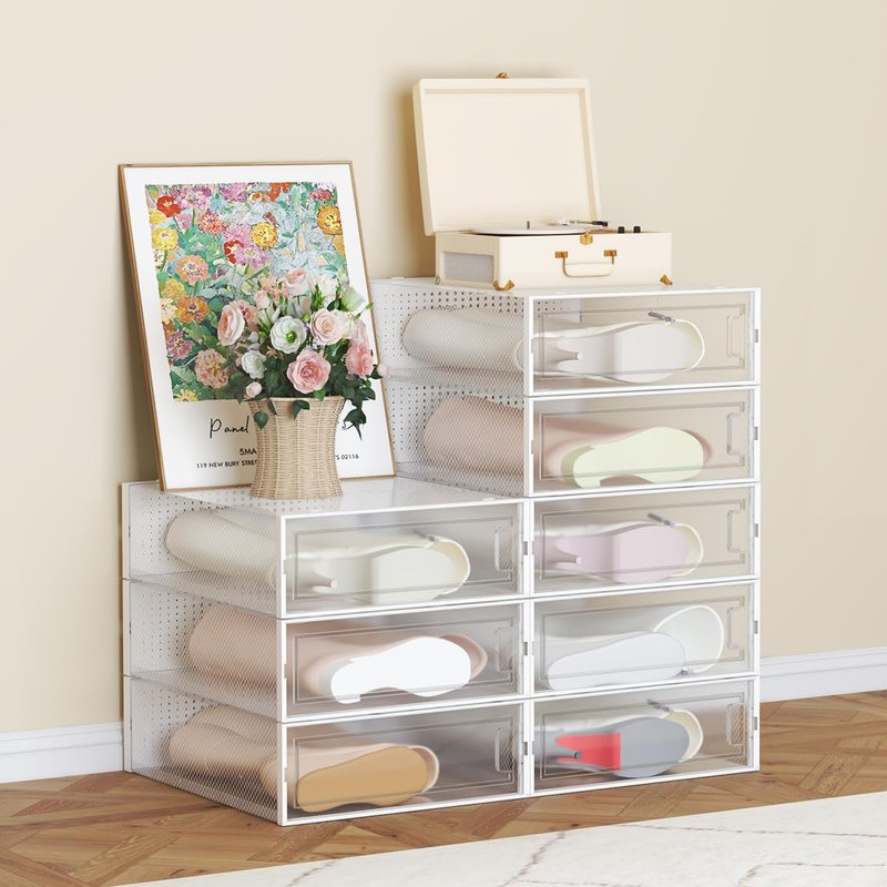 WAYTRIM Modern Clear White Foldable Boots Storage Box, 8 Pack Plastic Shoe Container, 20.5" x 11.8" x 5.5" - Large Capacity, Anti-Dumping, Transparent, Stackable, Ventilated