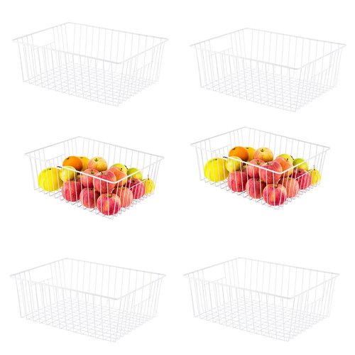16" L x 12" W Wider Freezer Storage Organizer Baskets Container, Deep Metal Wire Chest Upright Refrigerator Divider Bins with Built-in Handles for Cabinet, Pantry, Closet, Kitchen, Pearl White