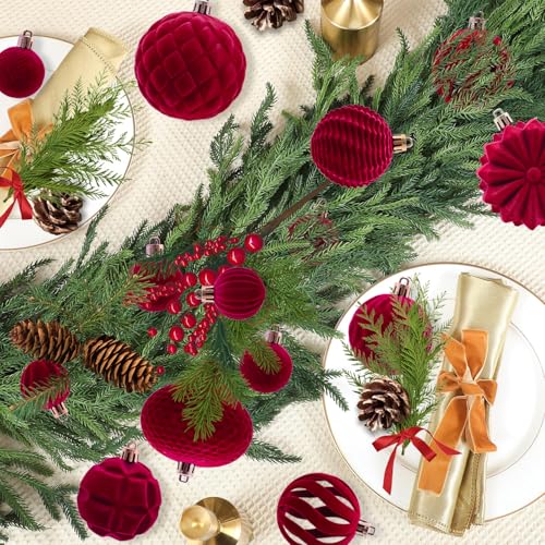 Yumatouch Velvet Burgundy 48Pcs Christmas Ball Ornaments - Flocked, Shatterproof Assorted 1.57/2.36/3.15Inch with Buckle & Rope