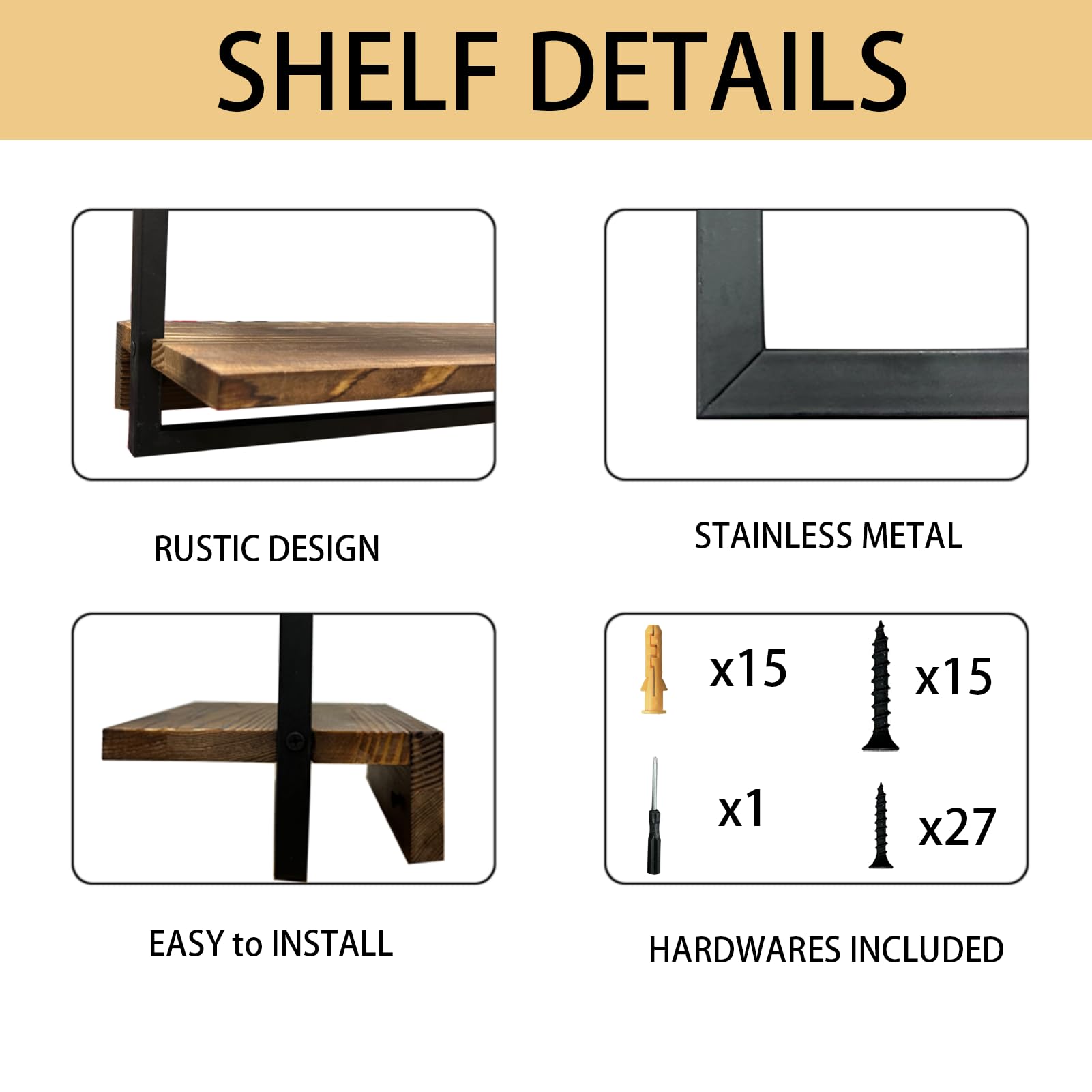 takor 6 Sets Rustic Floating Shelves,Wooden Storage Shelf with Metal Frame, Wall-Mounted Wood Display, Wall Hanging Decor, Home Decor for Living Room, Bedroom, Kitchen, Office