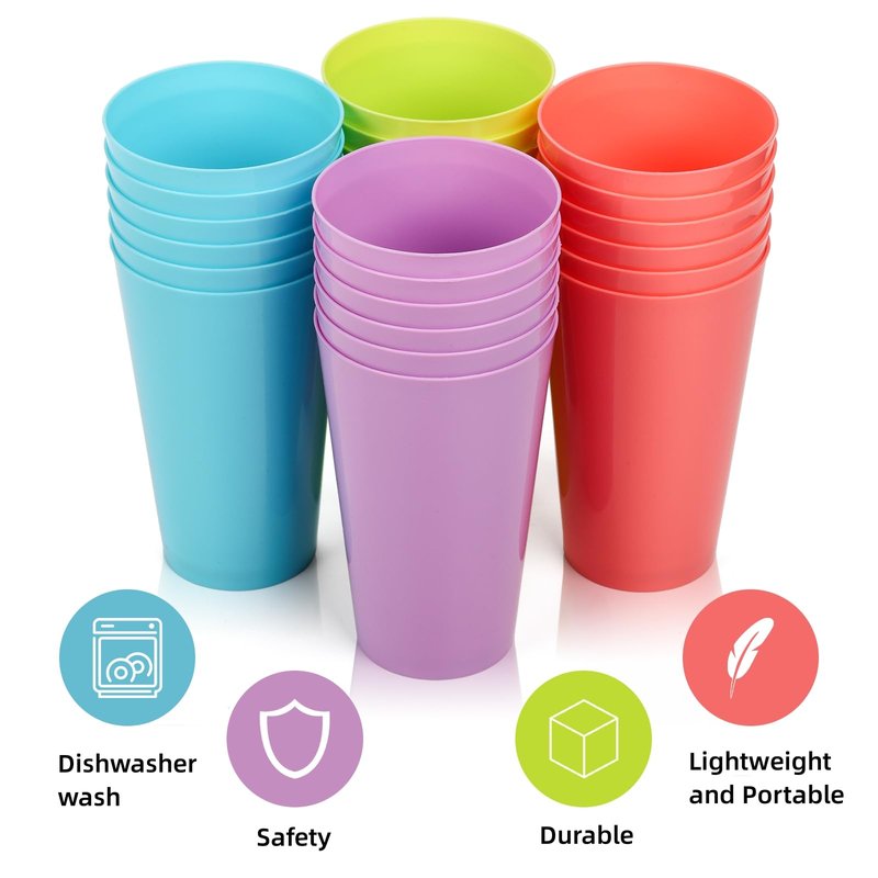 Pumtus 24 Pack Reusable Plastic Cups, 13 OZ Colorful Unbreakable Water Tumbler, Stackable Bulk Drinking Cup for Juice, Smoothies, Milk, Beverage, Outdoor, Home, Parties, BBQ Picnics