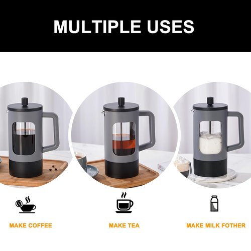 YOLIFE French Press Coffee Maker, 34 oz / 4 Cup Coffee Tea Press with Heat-resistant Borosilicate Glass, 4-Level Filtration Systems, Cold Brew Coffee Maker for Camping Travel Gifts, Grey and Black