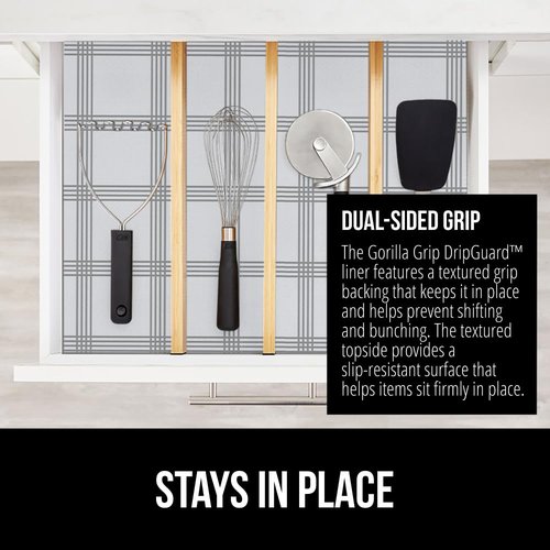GORILLA GRIP DripGuard Shelf Liner, Non-Adhesive Drawer and Kitchen Cabinet Protector, 24x240 In, Strong Grip Slip Resistant Underside, Smooth Surface Liners for Cabinets, Bathroom Closets, Gray White