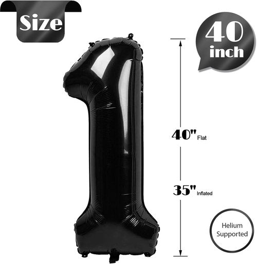 Black Number 1 Balloon - 40 Inch Shiny Black First Birthday Decoration for Boys & Girls
