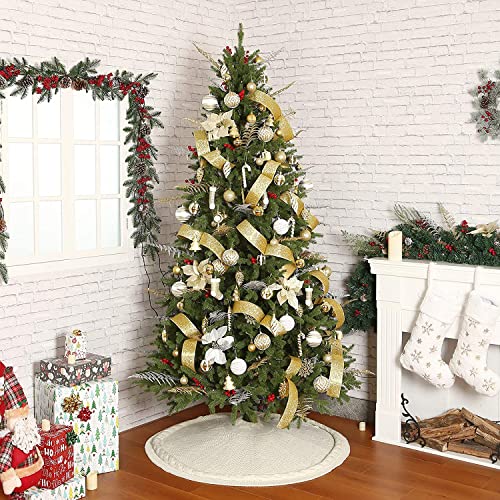 36-Inch Cable Knit Christmas Tree Skirt - Thick Cream Rustic Xmas Decor