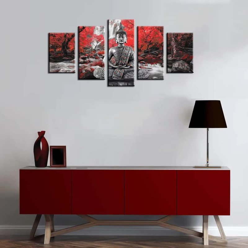 AWLXPHY Decor Buddha Wall Art Canvas Waterfall Painting Framed 5 Panels for Living Room Decoration Modern Landscape Buddha Trees Zen Wall Art Giclee (Red, 60"x30")