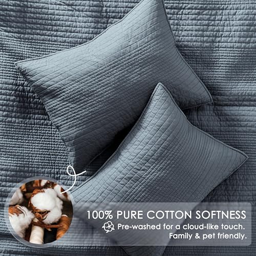 100% Cotton Queen Quilt Bedding Set - Striped Blue Grey Coverlet with 2 Shams