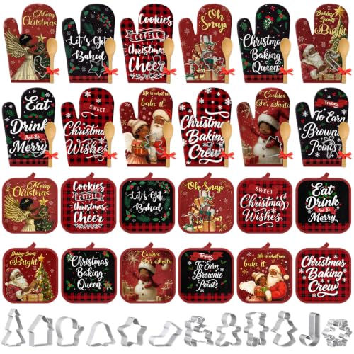 Qinyoung 48 Pcs Christmas Oven Mitts & Pot Holders Set - Black Santa Theme