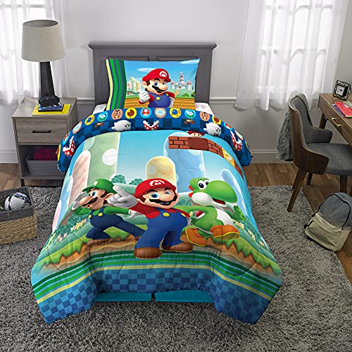 Super Mario Kids Twin Bedding Set 4 Piece Reversible Comforter & Sheets by Franco - Official Licensed