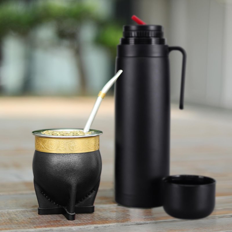 Cuopru Premium Argentina Imperial Yerba Mate Cup with Bombilla Mate (Straw) Set, Baroque Style, Leather Gourd, 304 Stainless Steel Inner (Black)