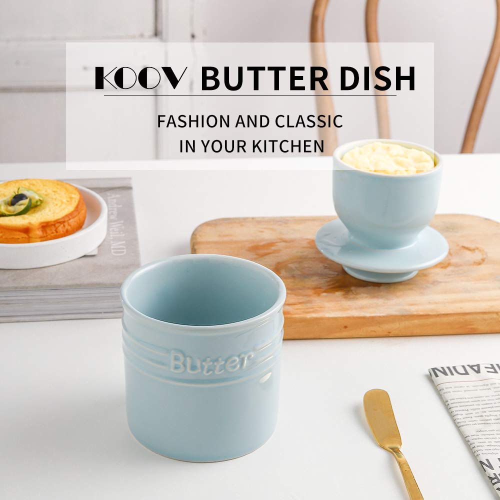 KOOV Ceramic Butter Crock, French Butter Dish, Butter Keeper for Counter, Big Capacity, Elegant Blue Collection (Light Blue)